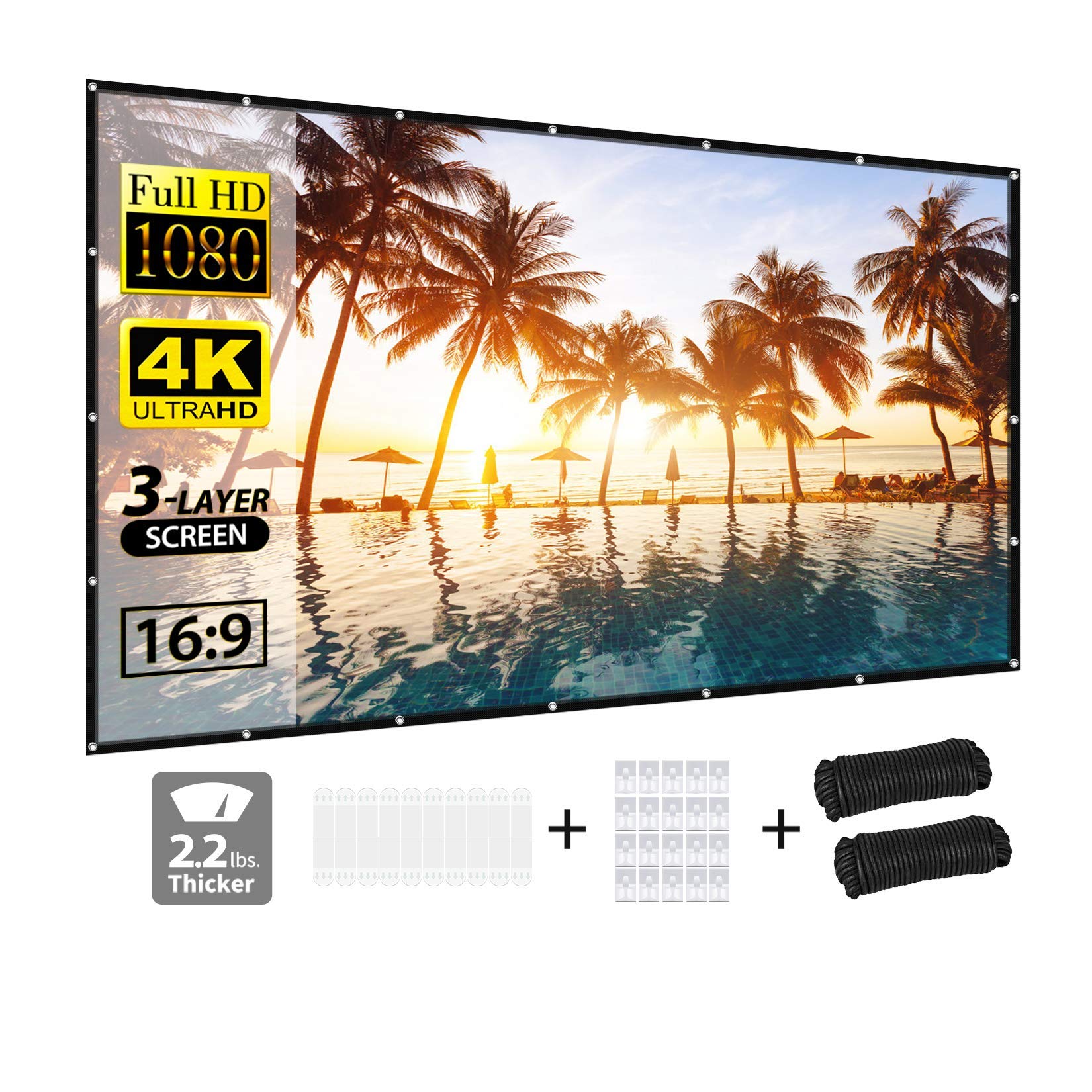 Projector Screen 120 Inch, Vamvo 3-Layer Projection Screen, Portable Projector Screen with 16:9 HD 4K for Party Home Theatre Cinema