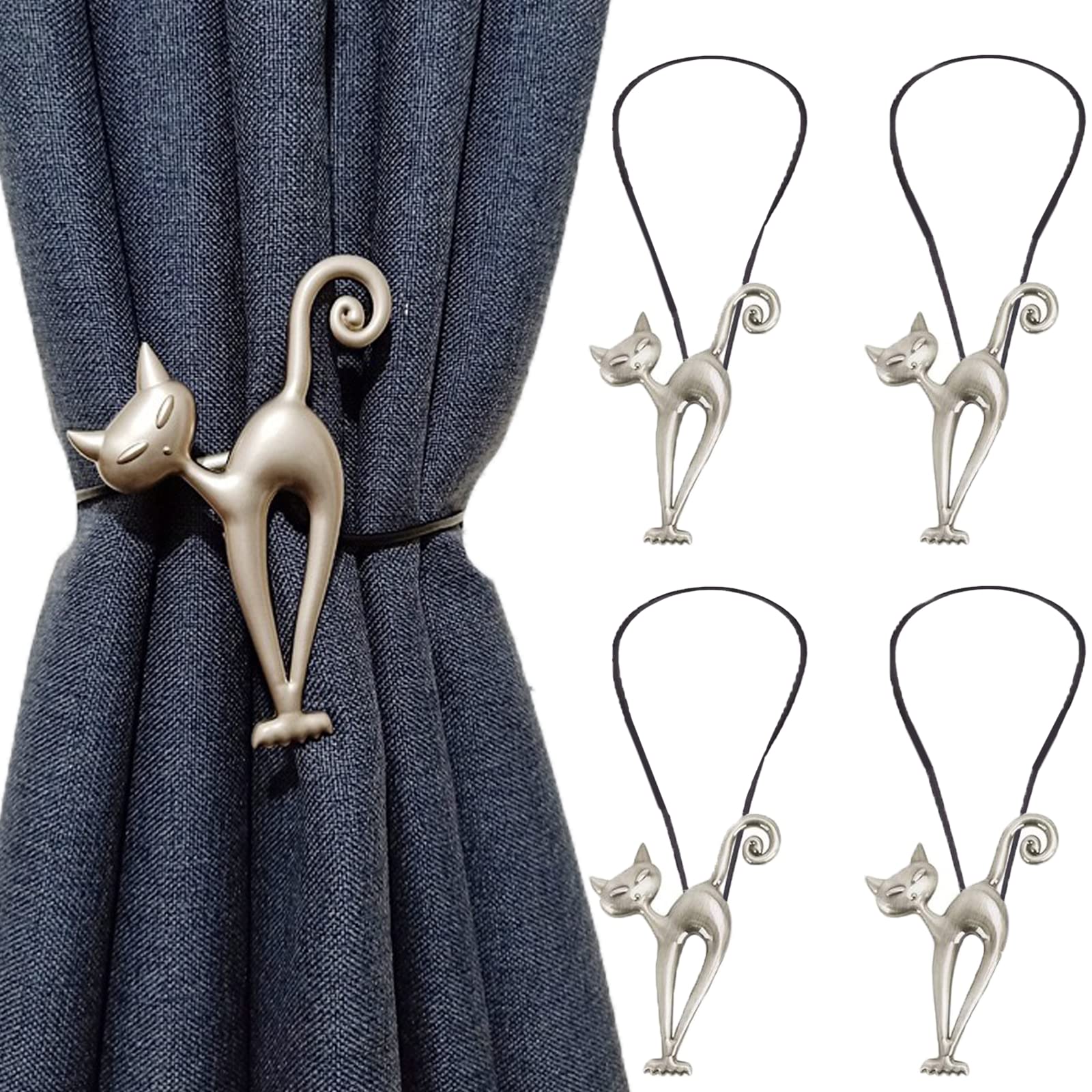 BEISIJIA 4 Pcs Magnetic Curtain Tiebacks, Vintage Curtain Drapery Holdback Strong Magnet Clips Rope No Drilling Curtain Holder Buckle for Home Office Cafe Balcony Decoration (Cat style, Silver+Silver)