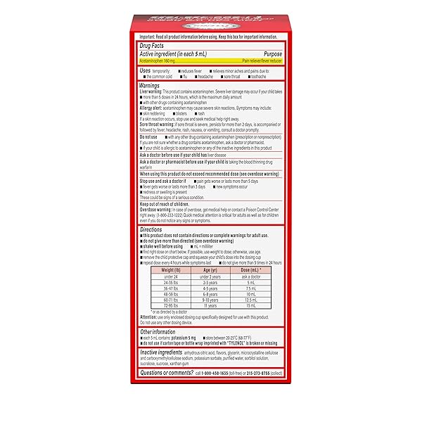 CHILDREN’S TYLENOL LIQUID PAIN RELIEF & FEVER MEDICINE, ORAL SUSPENSION, DYE-FREE, ACETAMINOPHEN, NO ASPIRIN, NO IBUPROFEN, NO HIGH FRUCTOSE CORN SYRUP; CHERRY FLAVOR, 8 FL. OZ.; PACK OF 1