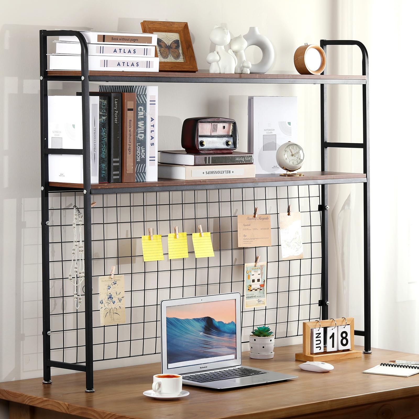 Photo 1 of 2-Tier Desk Hutch for Dorm Room Metal Desktop Bookshelf Desk Shelf Bookcase with Grid Panel Display Rack, Multipurpose Wood Desktop Countertop Storage Organizer for University College Office Home