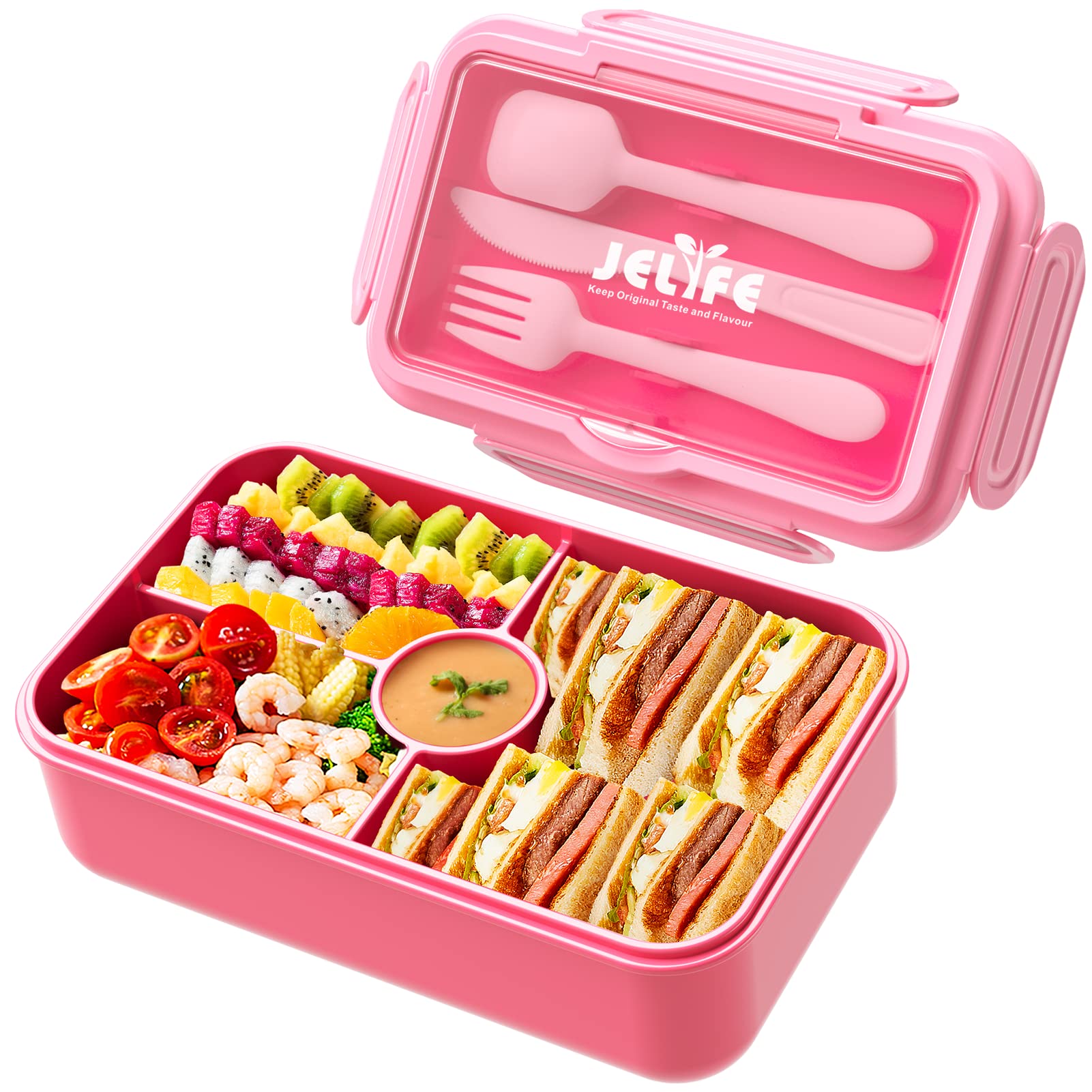 Photo 1 of Jelife Kids Lunch Bento Box, Large Bento-Style Leakproof Boxes 4 Compartments Girls Snack Containers with Tableware for Back to School, Reusable On-the-Go Meal and Packing, Pink