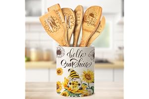 TAESUN Sunflower Gifts, Sunflower Gifts for Women Ceramic Utensil Holder with Wooden Spoons Set, Sunflower Decor Cooking Tools Kitchen Utensils Set with Wooden Spatulas for 6