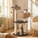 PETSITE 41-inch Modern Cat Tree, Multi-Level Woven Cat Tower, Coffee | Sisal Scratching Posts, Hand-Made Cattail Cat Condo &amp; Top Perch, Dangling Ball, and Sisal Rope, Ideal for Indoor Cats