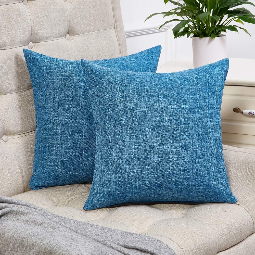 Anickal Set of 2 Blue Pillow Covers Rustic Linen Decorative Square Throw Pillow Covers 18x18 Inch for Sofa Couch Decoration