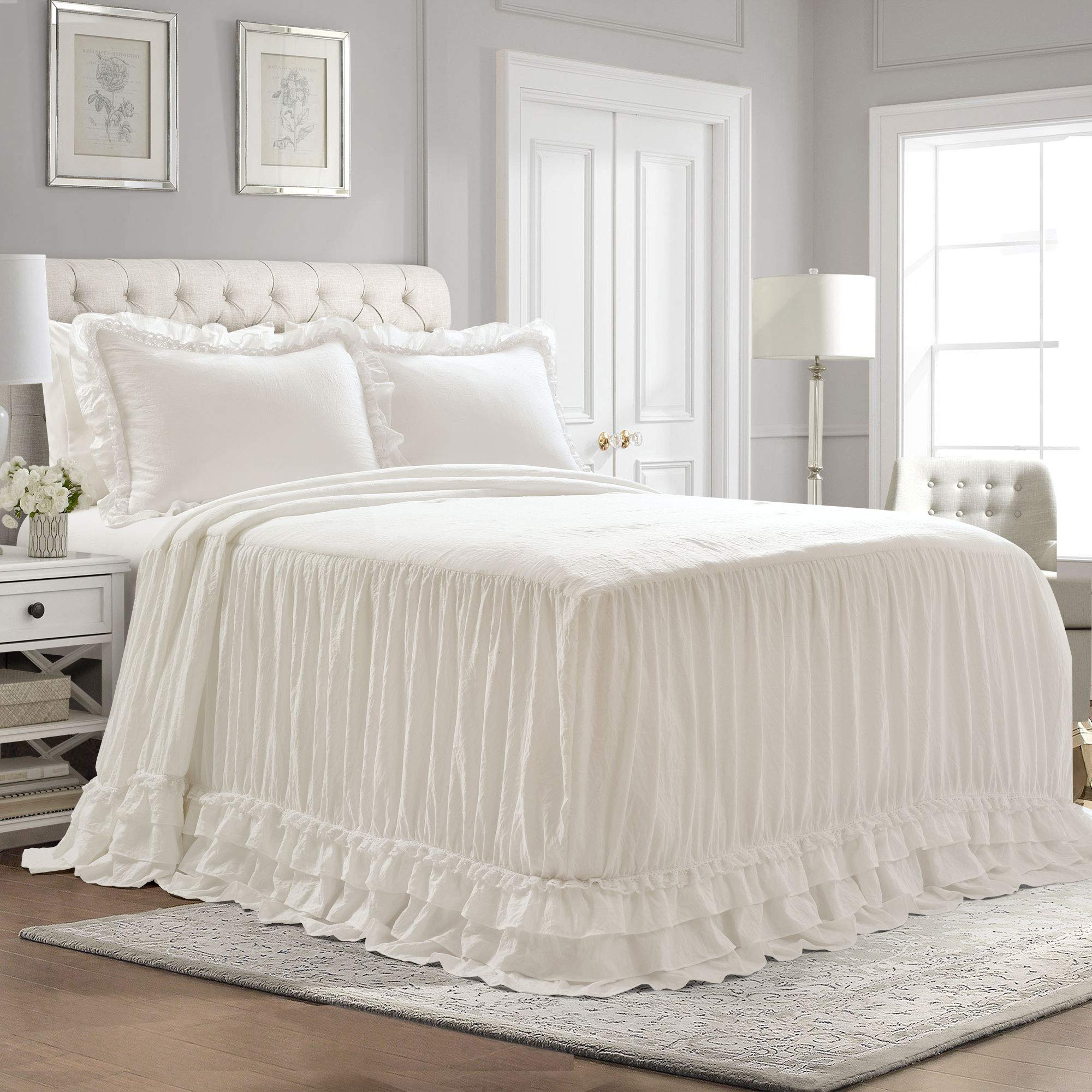 lush decor ella shabby chic ruffle lace bedspread white farmhouse style lightweight 3 piece set king (16t004750)