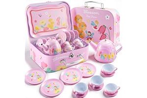 JOYIN Fairy Blossom Tea Party Set for Little Girls, Pretend Pink Tin Teapot Set, Princess Tea Time Play Kitchen Toy with Teap
