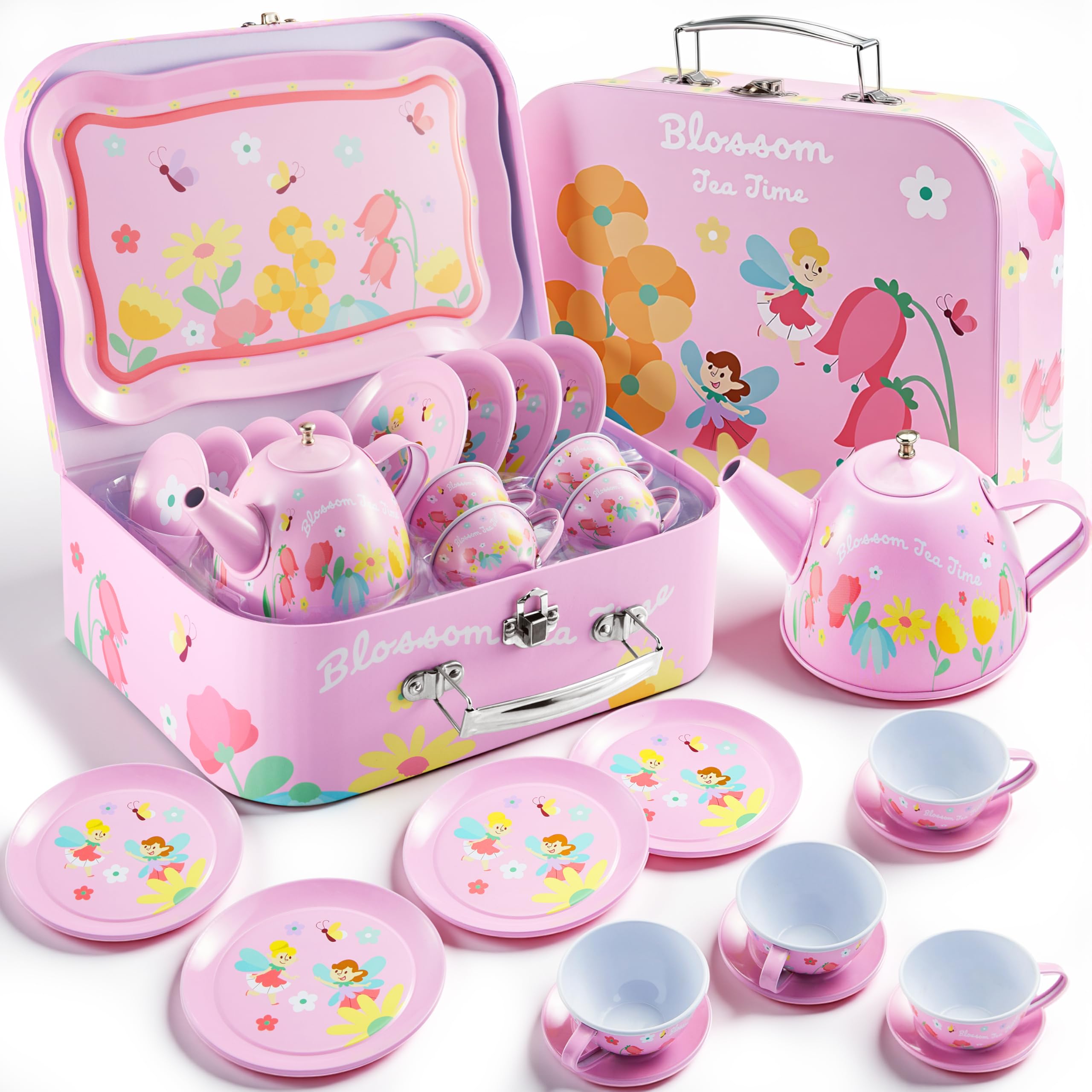 JOYIN Fairy Blossom Tea Party Set for Little Girls, Pretend Pink Tin Teapot Set, Princess Tea Time Play Kitchen Toy with Teapot, Cup, Plate, Carrying Case for Kids Toddlers Age 3 4 5 6 Image