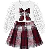 Qetobolly Toddler Girl Clothes Puff Long Sleeve Knit Top and Plaid Skort Set with Bowknot 2PC Girls Fall Outfits 2-8 Years