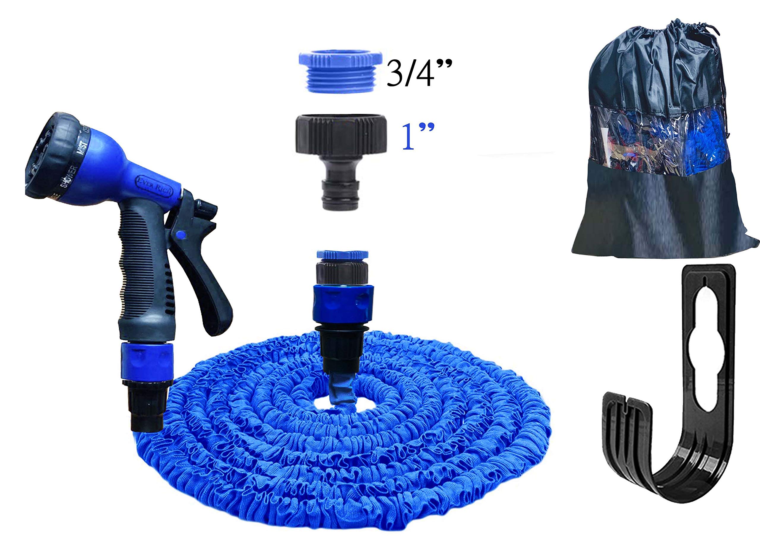 Ever Rich ® 100 Feet Newest Expandable Strongest Hose With & 8 Pattern Spray Nozzle (BLUE + HOLDER)
