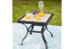 LOKATSE HOME 21" Outdoor Square Patio Dining Table Metal Steel Legs with Ceramics Top, Black