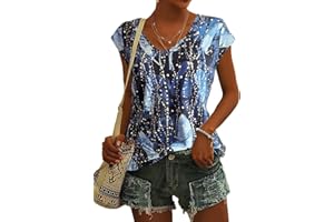 JURDUIR Womens Tops Tank Summer Tshirts Cap Sleeve V Neck Floral Casual Loose Fit Tunic Blouse
