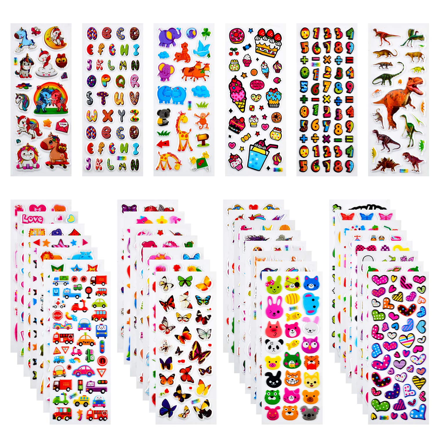 Habett Stickers for Kids 3D Stickers Toddlers Puffy 920+ Fun Stickers for Teacher Reward Party Scrapbooking for Children Including Letter Dinosaurs Trucks Butterflies Animals Fruit (36 Styles)