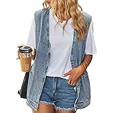 Oulivey Denim Jean Vest for Women Oversized Lightweight Collarless Sleeveless Button Down Denim Waistcoat Jacket