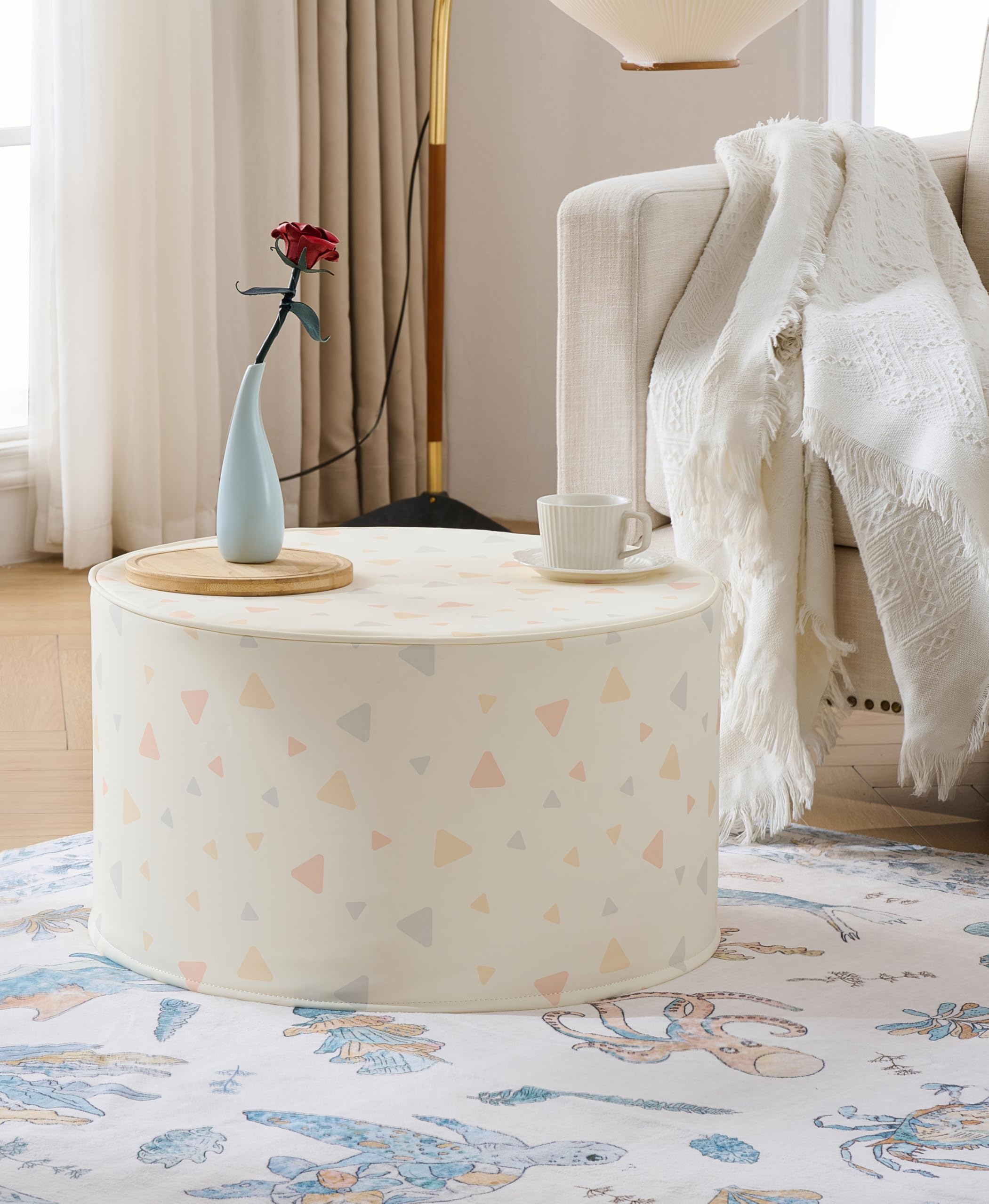 Photo 1 of Large 22" Sturdy and Comfortable Ottoman Wipe-Clean Pouf Boho Geometric Design for Kids Toddler Playroom with Foam Filling as Seating Footrest Side Table College Dorm Décor PU Leather (Orange Blue)