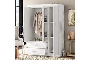 RITSU 3-Door Mirror Wardrobe with Shelves and 2 Drawers, Built-in Dressing Mirror, Mirror Door and Hanging Rail, Freestanding Armoire Wardrobe Closet, Sleek and Timeless Design，White