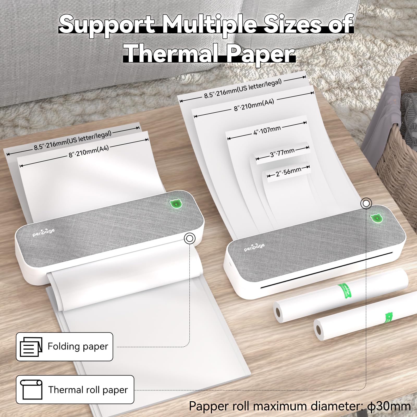 PeriPage A40 Thermal Inkless Portable Printer, Supports US Letter & Legal Length, Wireless Bluetooth Mobile Travel Compatible with Android and iOS, Prints Documents,Tattoo Paper, Photos Grey