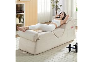 ijuicy 25" Wide Corduroy Yoga Chair, Yoga Lounge Chair for Adults, Chaise Lounge Chair Indoor/Yoga Lounger with Headrest, Waist Cushion, Movable Footrest, Side Pockets, High Density Sponge-Beige