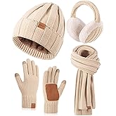 Winter Hat Gloves Scarf Earmuffs Set for Women, Fleece Lined Beanie Long Scarf Touchscreen Gloves Ear Warmer, 4 in 1 Gift Set