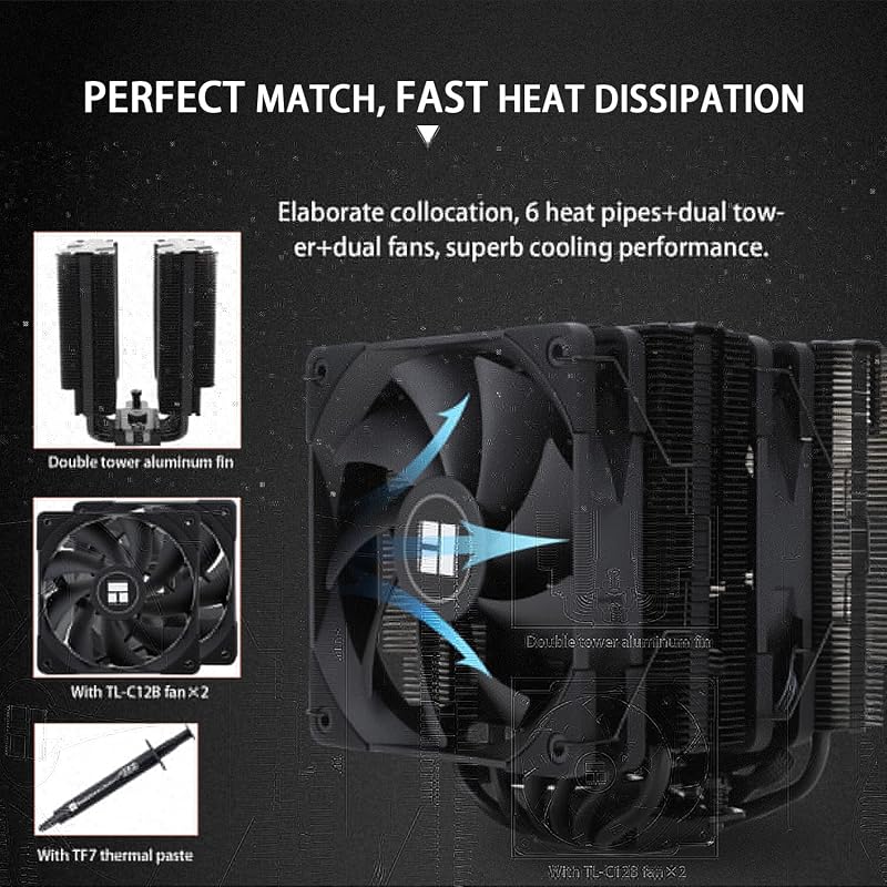 Peerless Assassin 120 Black CPU Air Cooler, 6 Heat Pipes, Dual 120mm TL-C12B PWM Fan, Aluminio Heatsink Cover, AGHP Technology, para AMD AM4 AM5/Intel LGA 1700/1150/1151/1200/2066/2011