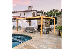 DOMI OUTDOOR LIVING Domi Louvered Pergola 10x16FT, Outdoor Wood Grain Pergola Aluminum Frame with Adjustable Rainproof Metal Roof, Permanent Sun Shade with Drainage System for Deck Garden Yard