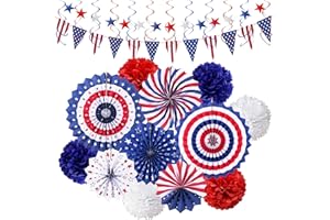 BAINFE 26PCS 4th/Fourth of July Patriotic Decorations Memorial Day Decor Red White Blue Hanging Paper Fans, Hanging Swirls, USA Flag Pennant, Star Streamer Garland Pom Poms Party Supplies Veteran Day Decor