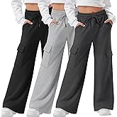LessonZoo 3 Pack Girls Wide Leg Sweatpants Kids Cargo Baggy Pants Drawstring Casual Athletic Joggers for Teens 5-14 Years
