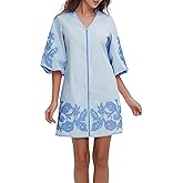 D-Sun Women Floral Embroidery Mini Dress 3/4 Puff Sleeves V Neck Tunic Mini Dress Zip Party Dresses