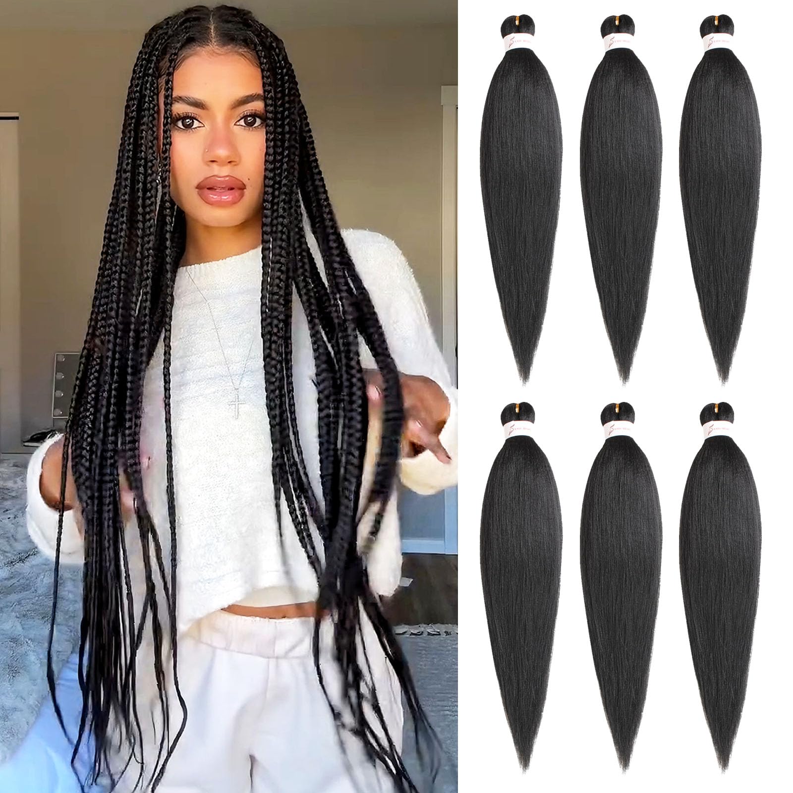 Samtress Long Braiding Hair 30 Inch Pre Stretched Braiding Hair 6 Packs Natural Black EZ Briad Yaki Texture Kanekalon Synthetic Braiding Hair Hot Water Setting for Crochet Braids (#1B) — image 1