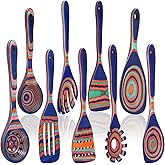 Teenyyou 9 Pcs Blue Rainbow Pakkawood Kitchen Utensils Wooden Spoons for Cooking Pakkawood Soup Ladle Deep Spoons Set Wood Non Stick Utensils with Long Handle for Kitchen Household Womnn Gifts Tools