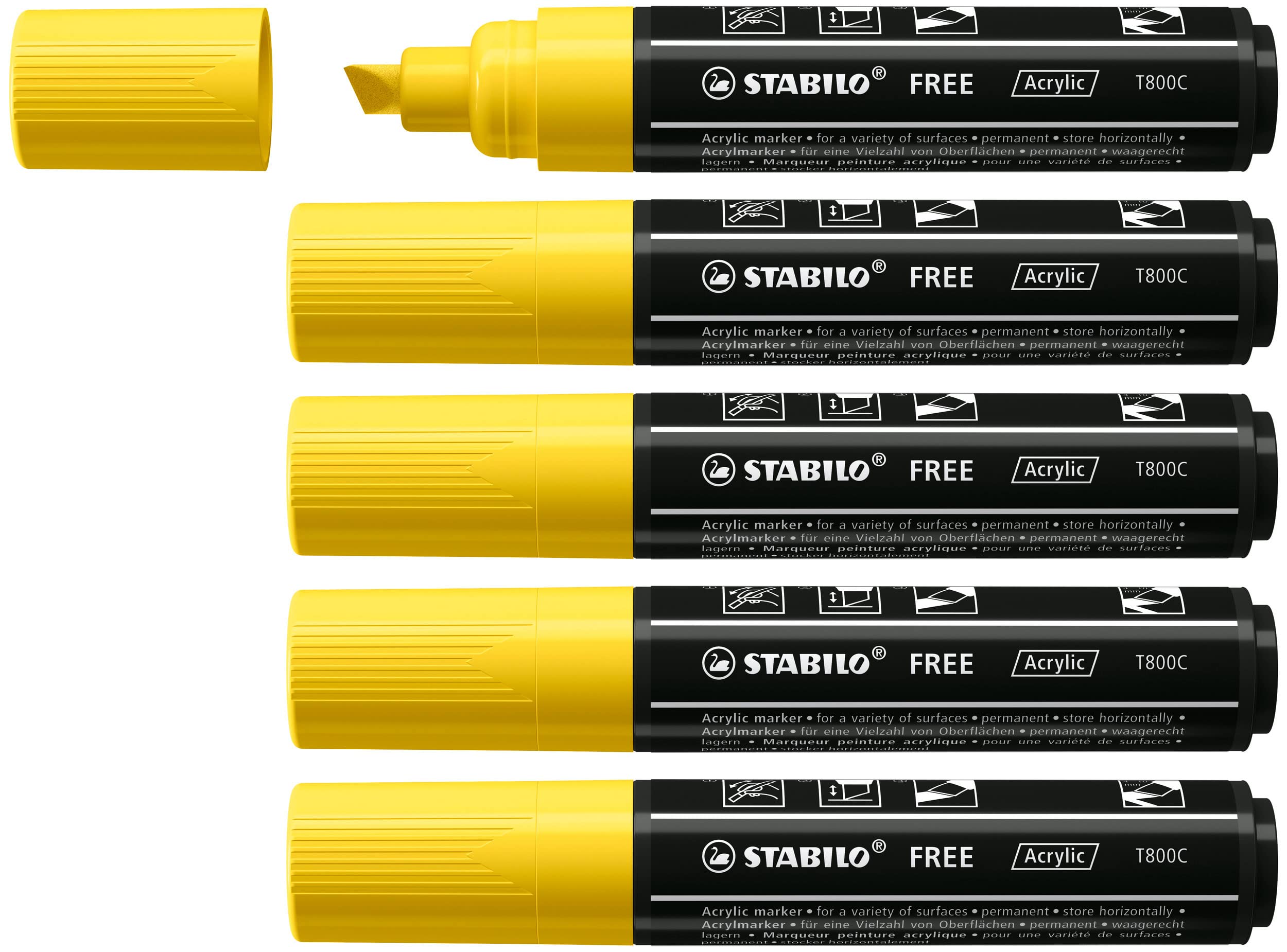 STABILO Acrylic Marker FREE Acrylic - T800C 2-3 mm Bullet Tip - Box of 5 - Yellow