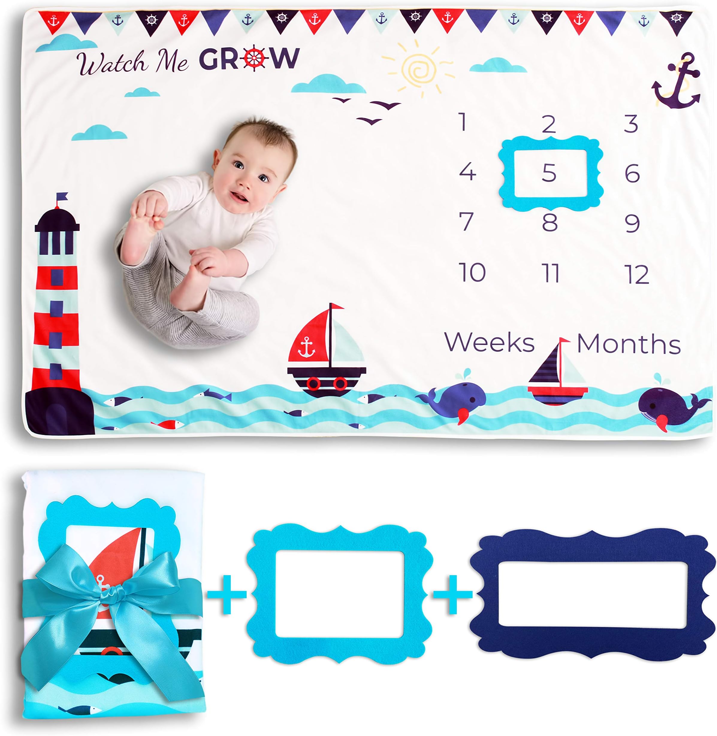 Baby Blanket Monthly Milestone for Boys with Sea Theme – Soft Wearable Fleece Photography Baby Shower Gift | Bonus 2 Photo Frames