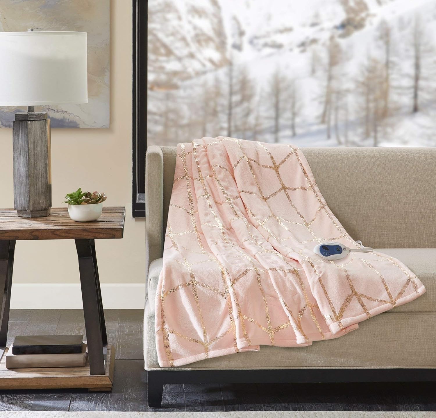 MISC Blush Pink Heated Throw Blanket Glam Metallic Gold