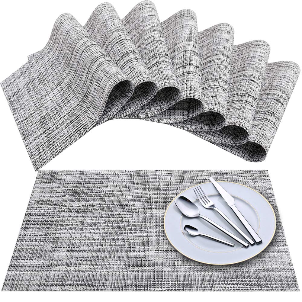 Newk Placemat, Crossweave Vinyl Woven Table Mats, Non-Slip Insulation Washable Table Mats Set (Set of 8, White Gray)