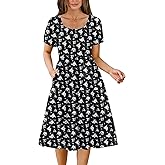Zeagoo Women's Summer Dress Casual Puff Sleeve Square Neck Midi Dresses Tiered Beach Vacation A-Line Sundress with Pockets
