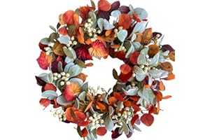 Egolot 22 Inch Fall Front Door Wreath with Eucalyptus Lamb Ears Leaves and Berries, Autumn Fall Leaves Wreath with White Berries for Indoor and Outdoor, Festival Wreath for Home Decor