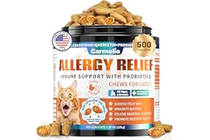 CARMELIE Cat Allergy Relief Treats, 500 Crunchy & Creamy Chews, Allergy Relief for Cats with Colostrum, Probiotics - Itchy Skin & Paw Licking, Immune Support, Seasonal Allergies - Chicken and Krill Flavor