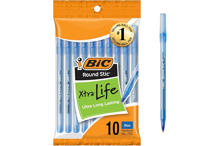 BIC Round Stic Xtra Life Blue Ballpoint Pens, Medium Point (1.0mm), 10-Count Pack of Bulk Pens, Flexible Round Barrel for Writing Comfort, No. 1 Selling Ballpoint Pens