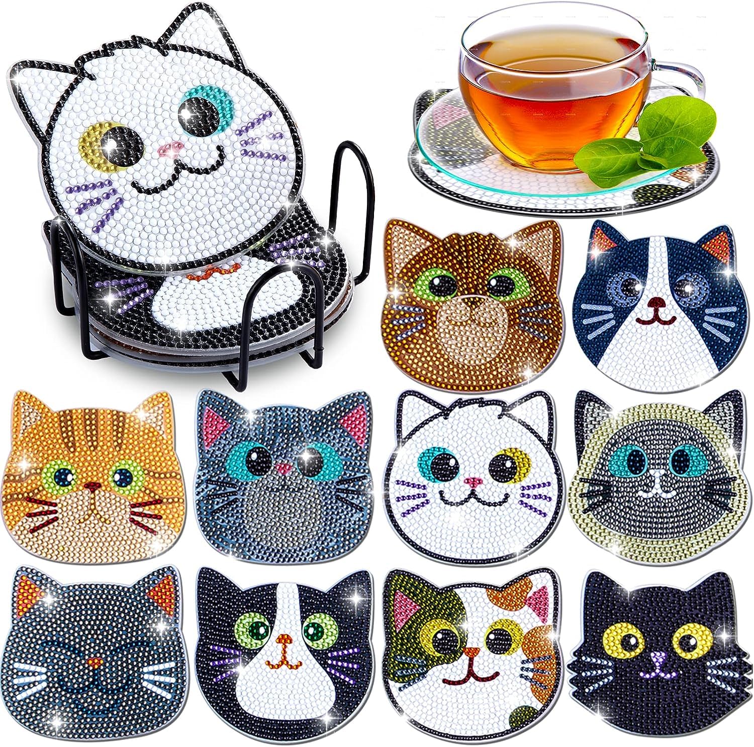 10PCs Diamond Painting Coasters Set - Cat Theme Diamond Art Coasters Painting Kits for Kids and Adult Diamond Dots, Arts and Crafts DIY Kits for Adults and Kids Beginners Supplies Gift