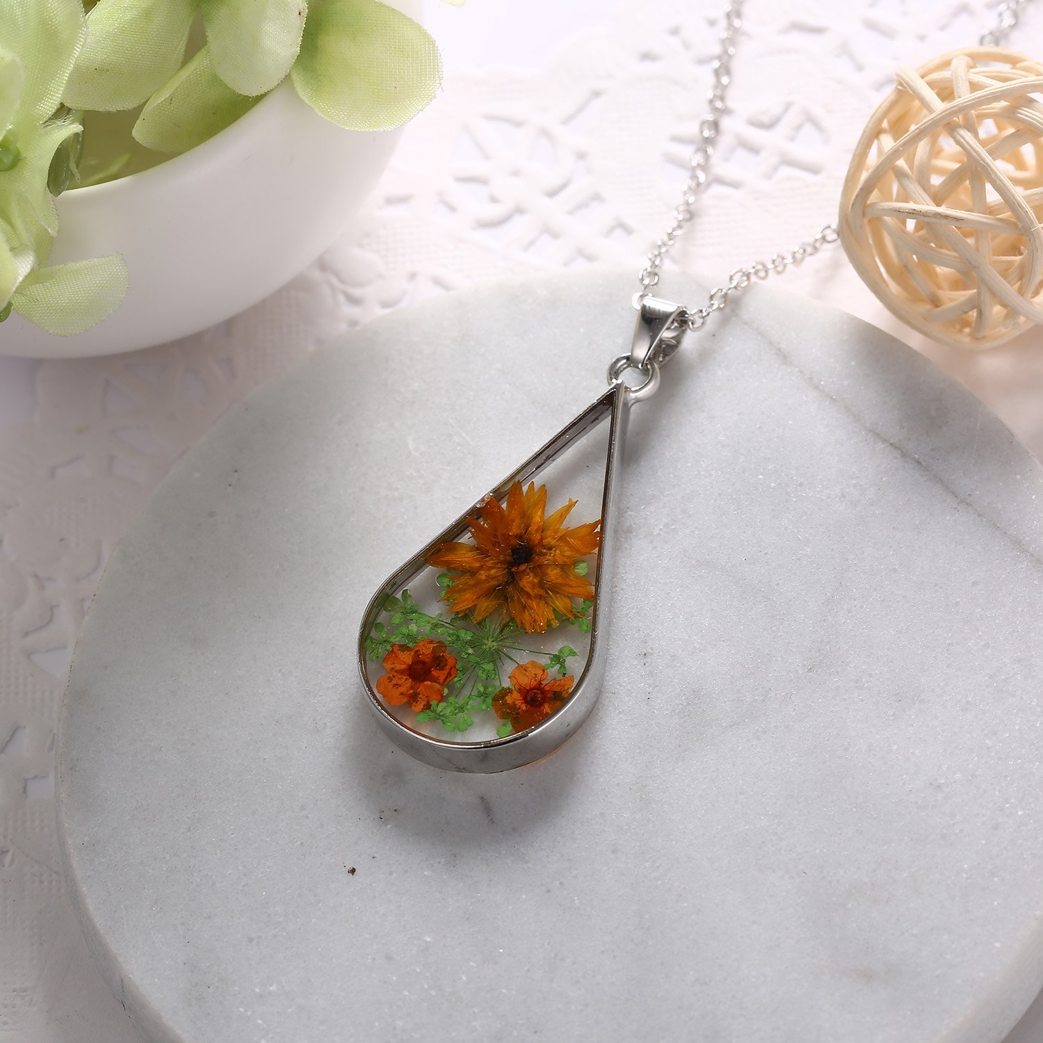 Rinhoo Silver Plated Handmade Real Dry Pressed Flower Cross Bar Shape Pendant Necklace Women Girls Jewelry (Teardrop(Yellow))