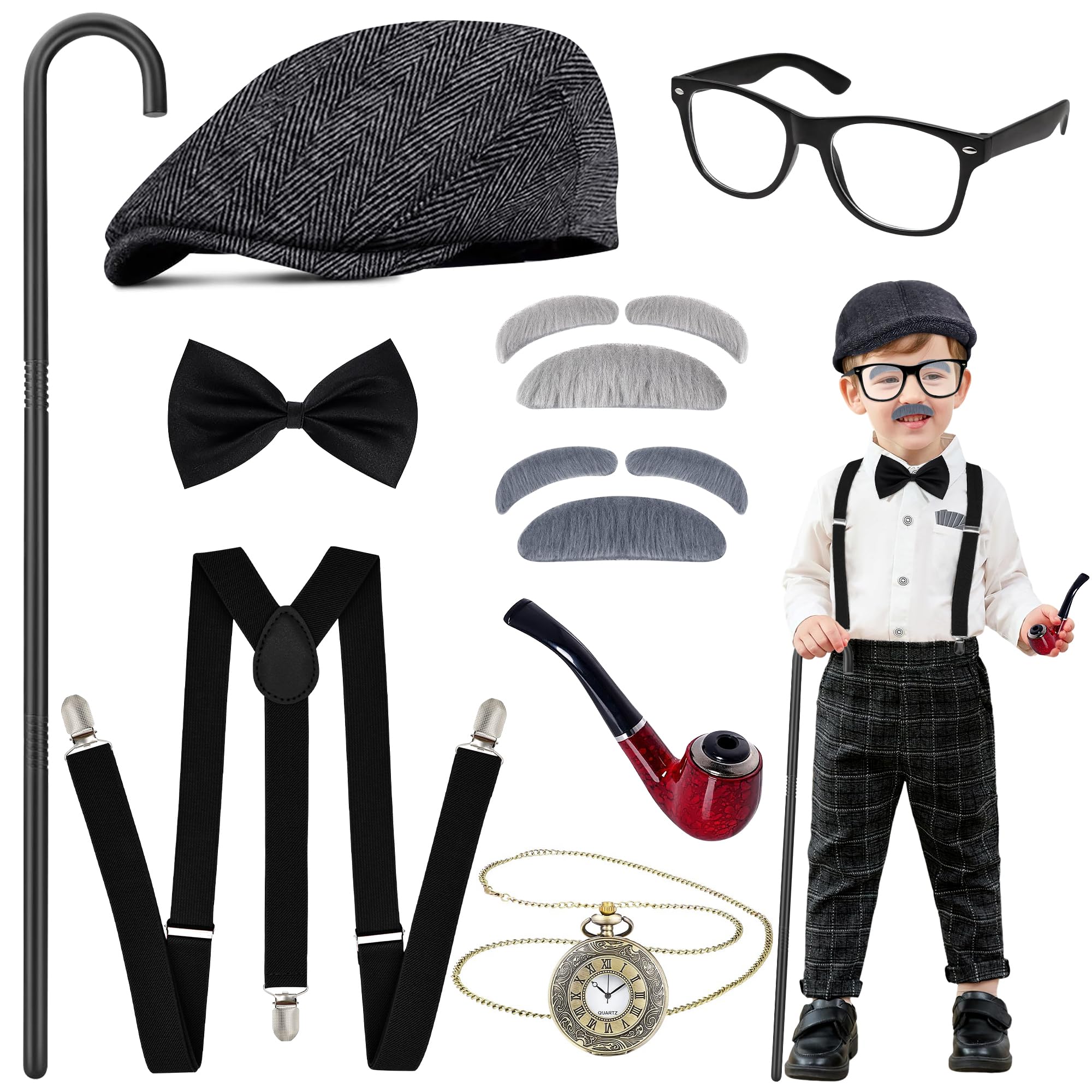 Amlisia Old Man Costume for Kids, Nerd Costume Accessories Set Gangster Grandpa Set for Boys for Party Dress Up (Classic)