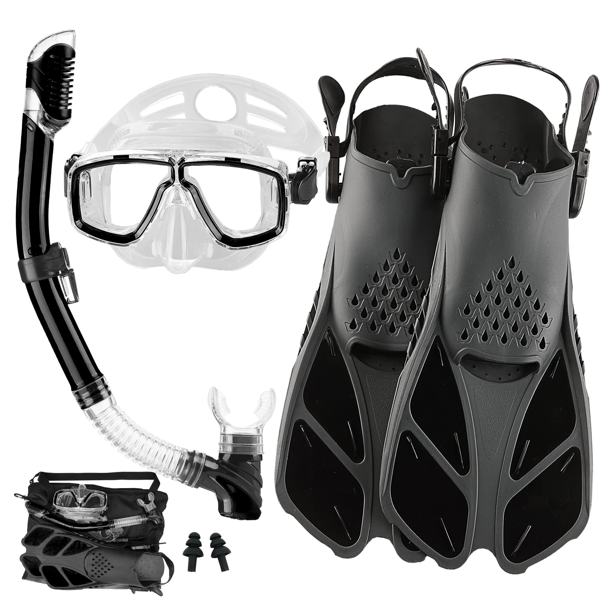 Adults Mask Snorkel Fins Set, Snorkeling Gear for Adult with Fins, Snorkel Sets with Flippers, Adult Anti Leak Scuba Gear with Adjustable Fins Diving Mask Full Dry Top Snorkel with Travel Bags