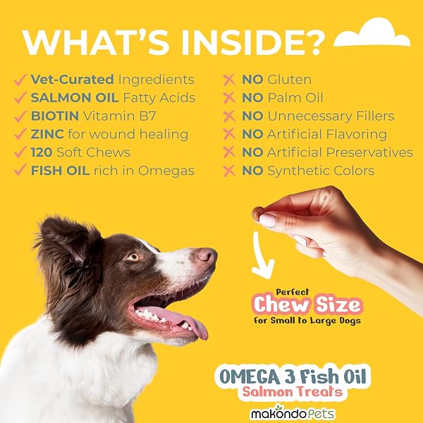 OMEGA 3 SOFT CHEWS – SALMON OIL FOR DOGS SKIN AND COAT SUPPORT, ITCH RELIEF & SHEDDING SUPPORT – EPA & DHA DOG FISH OIL FATTY ACIDS – 120 CHEWS BY MAKONDO PETS.