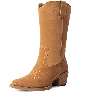 DREAM PAIRS Women's Cowboy Cowgirl Western Boots | Narrow Square Toe mid calf,Slanted Heel Clean lines exude a carefree retro