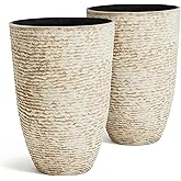 Worth 9 Gallon Tall Round Planters Set of 2-14" Dia x 21" H Stone Finish Flower Pots Indoor Decorative Container Garden Patio Unbreakable Beige