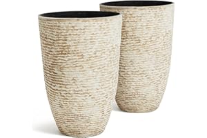 Worth 9 Gallon Tall Round Planters Set of 2-14" Dia x 21" H Stone Finish Flower Pots Indoor Decorative Container Garden Patio