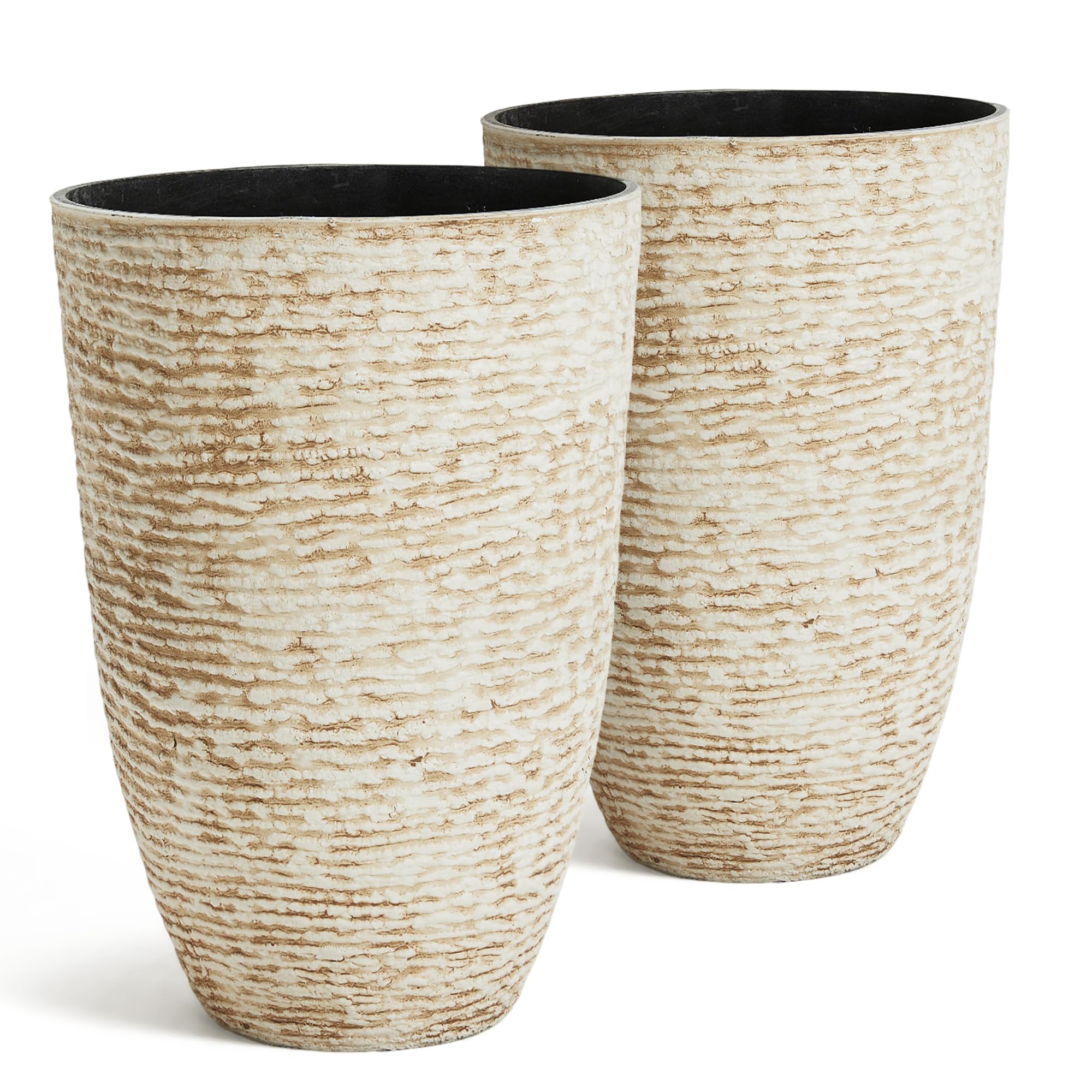 Worth 9 Gallon Tall Round Planters Set of 2-14" Dia x 21" H Stone Finish Flower Pots Indoor Decorative Container Garden Patio Unbreakable Beige Image