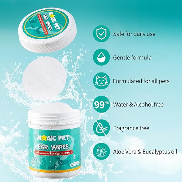 MAGIC PET – DOG EAR CLEANER WIPES — 120 GROOMING WIPES W/ALOE VERA & EUCALYPTUS — GENTLE 99% WATER PET EAR WIPES FOR ODOR & WAX REMOVAL — OTIC DOGS & CATS EARS CLEANSER ITCH-FREE PET GROOMING SUPPLIES
