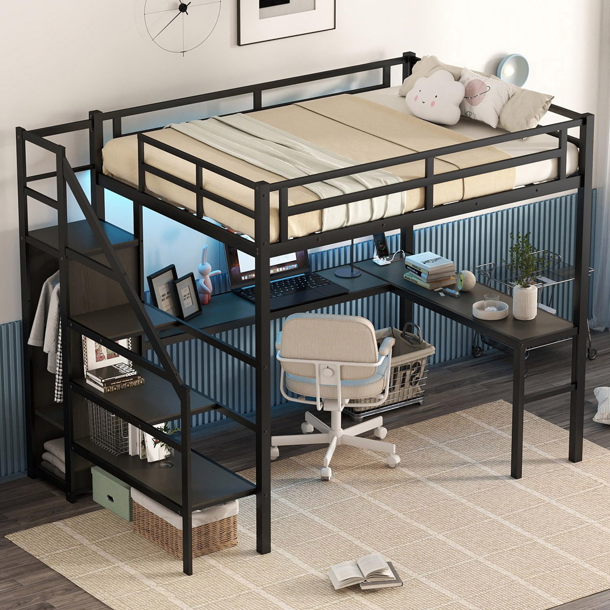 Photo 1 of *MISSING SCREWS AND INSTRUCTIONS*


Metal Full Size Loft Bed with Desk and Stairs,Heavy Duty Loft Bed Frame with Wardrobe,LED Loft Bed Full Size with Charging Station for Kids,Teens,Adults,Black