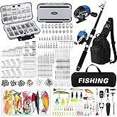 DoubleFill 484 Pcs Fishing Tools Kit Fishing Accessories Kit Include Fish Rod and Reel Combo Set Tackle Box with Tackle Hook Remover Tools Backpack Lures for Men Women Fish Gear Gifts