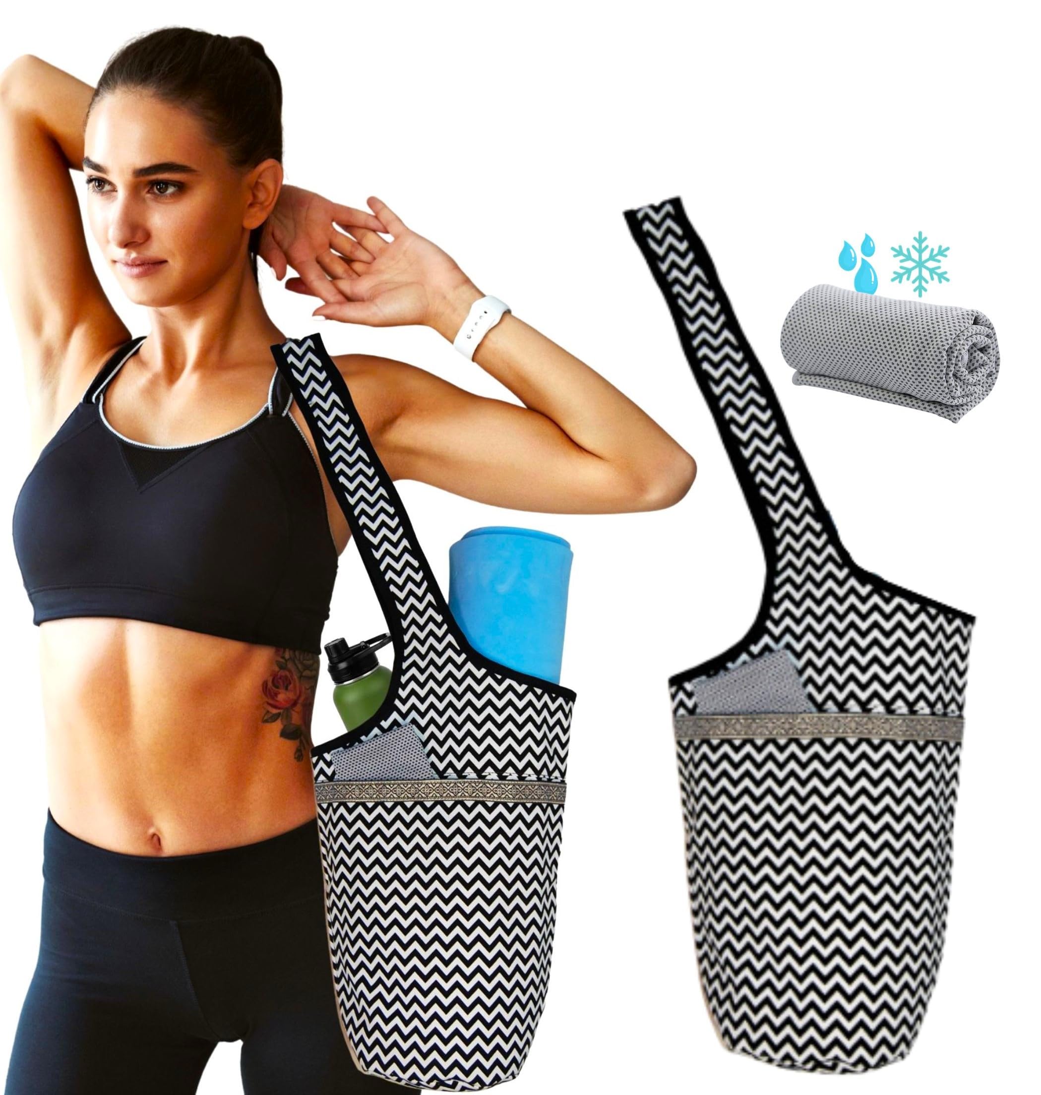 SusggO Pack Yoga Mat Bag and Cool Towel Cooling Yoga Mat Bag Women's Yoga Mat Towel Gym Towel Microfibre Towel. Multifunctional Yoga Mat Bag Pilates Fitness Sports (Zigzag)